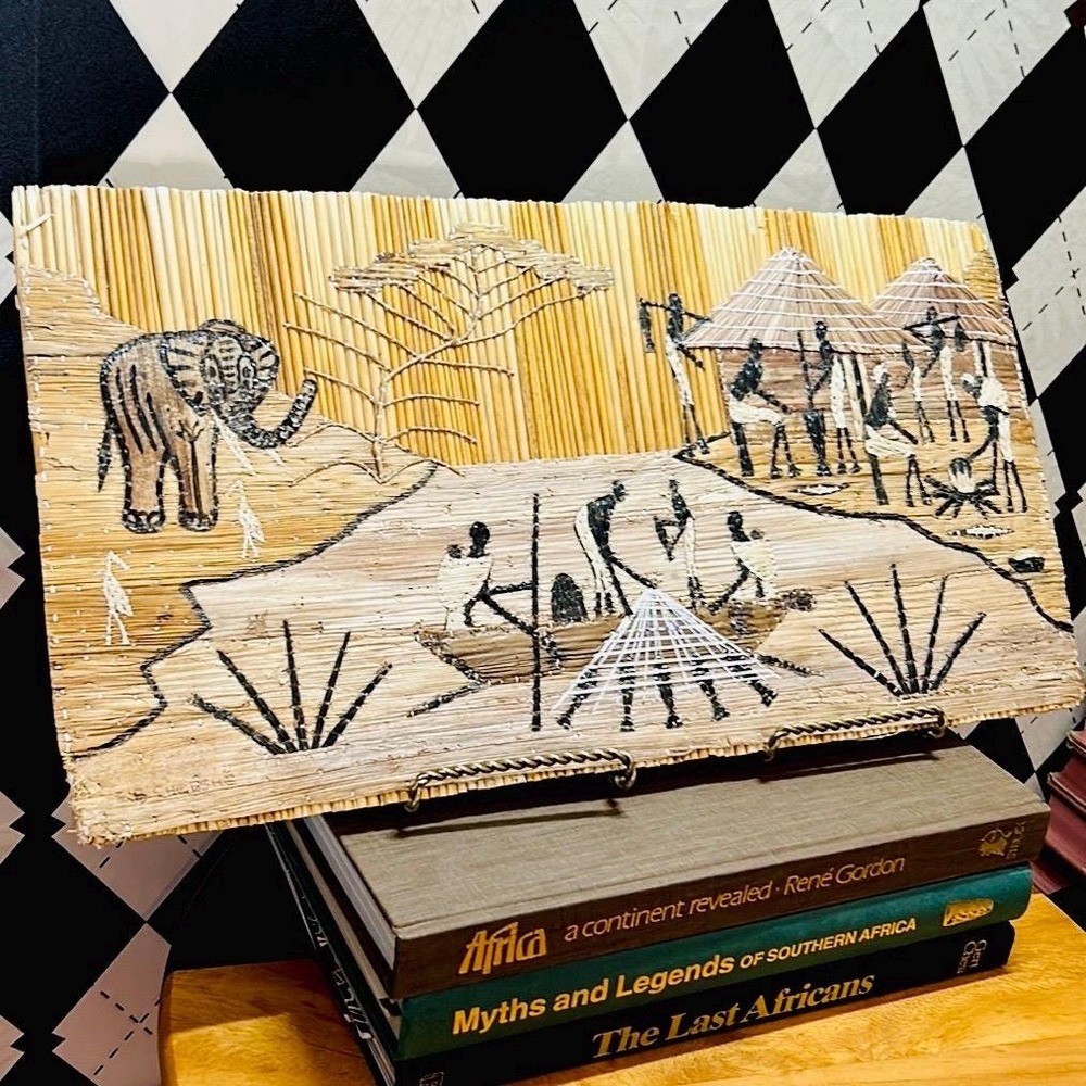 African Straw Art Wall Panel Handwoven Village Scene Vintage Décor